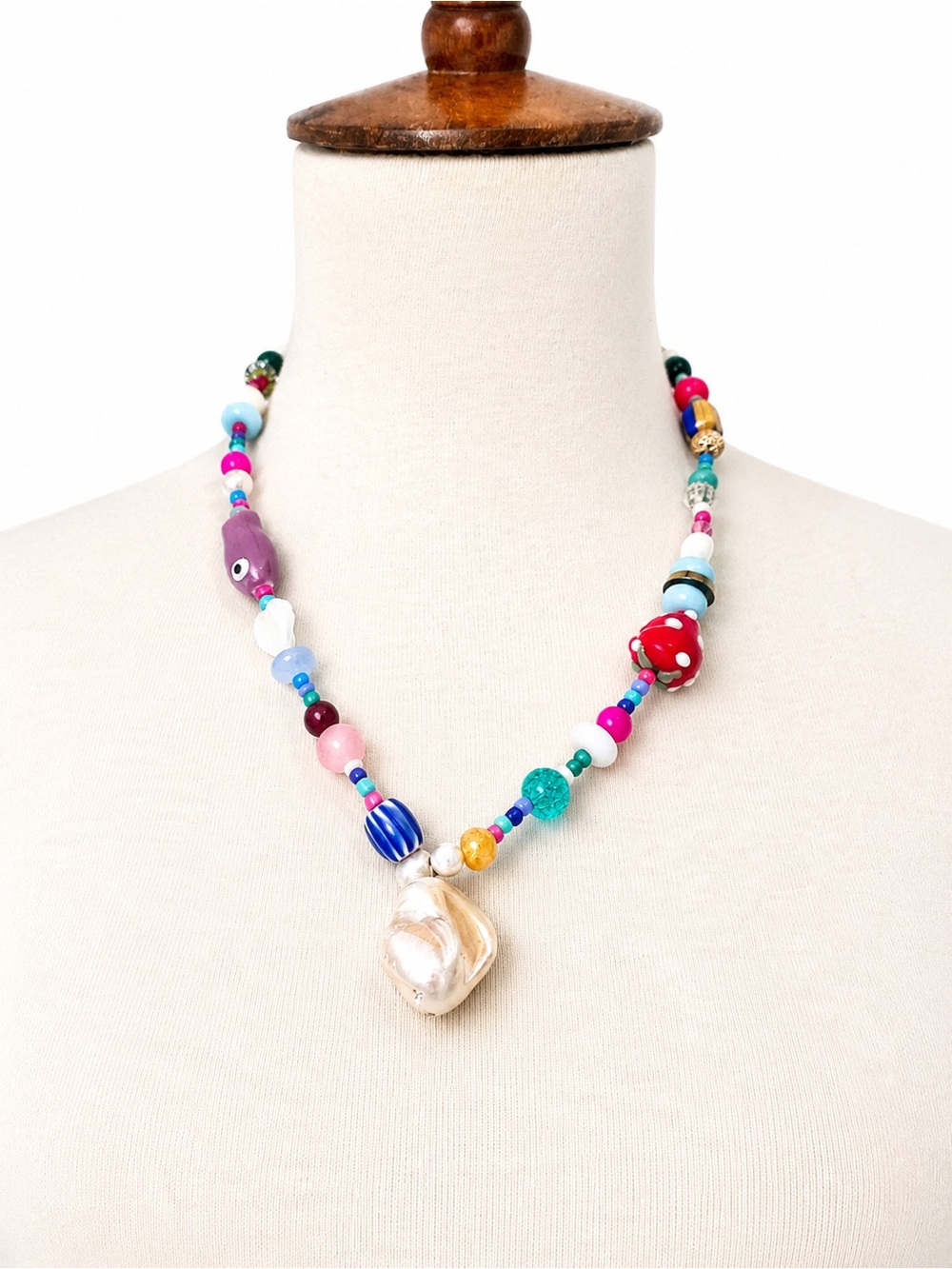 Colorful Glass Beaded Necklace with freshwater pearl Pendant Toggle Handmade